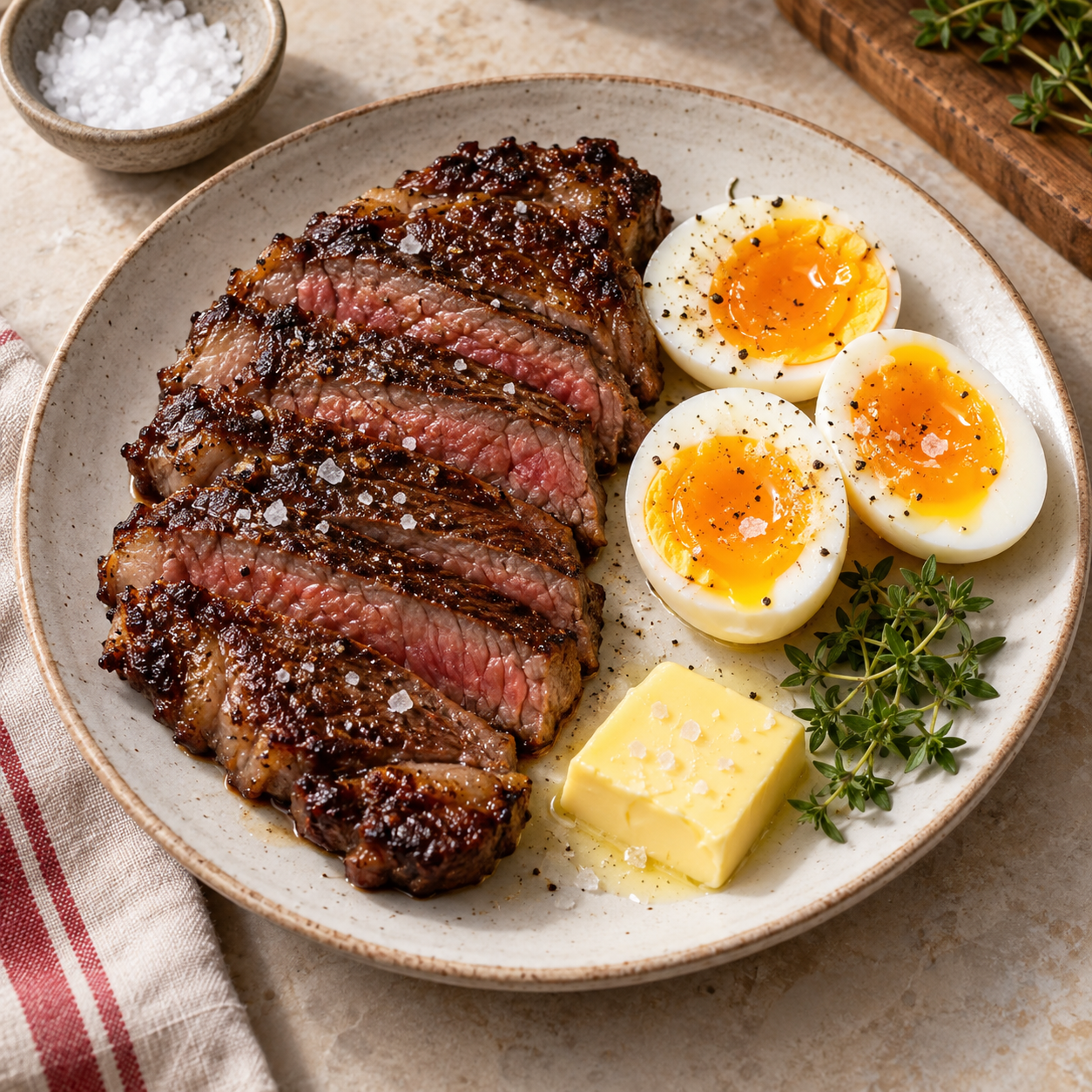 Plato de carne, huevos y mantequilla